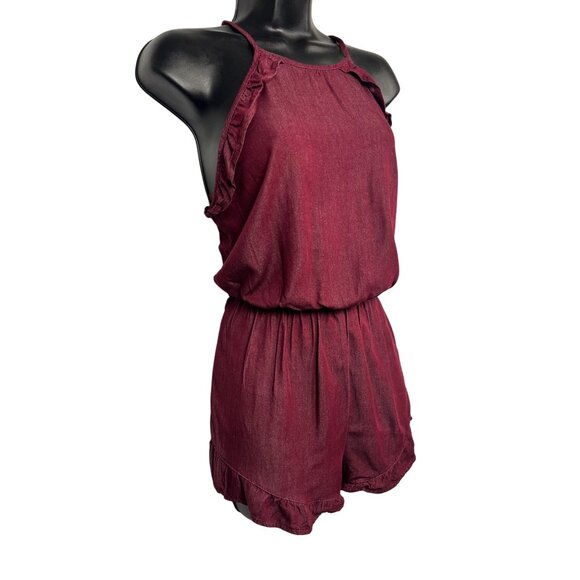Women's Burgundy Halter Neck Shorts Romper, Elastic Waist, Size M - Picture 2 of 15